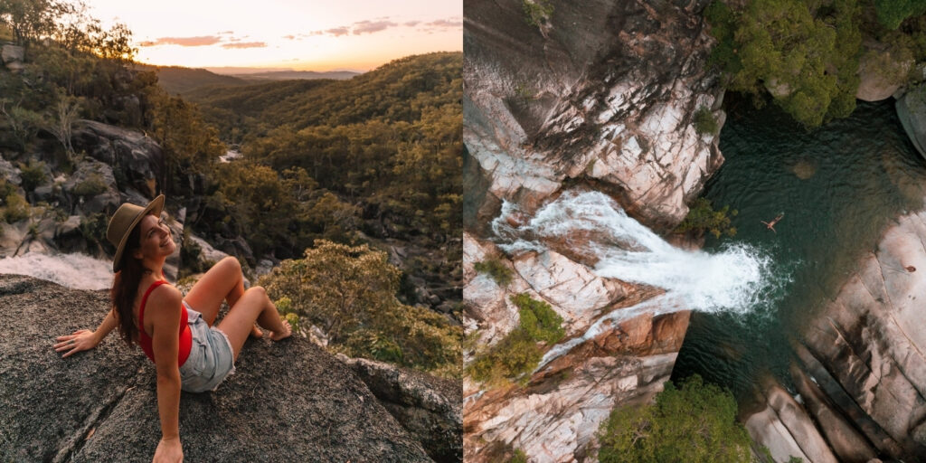 A split image, one of a woman posing at the edge of Davies Creek Falls and another aerial image of a swimmer floating at Emerald Creek Falls in the Mareeba Shire, Tropical North Queensland.